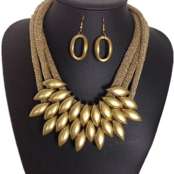 Gold African Bib Tassel Choker Necklace and Earrings Set, Tribal Ethnic Style, C - Picture 4 of 9